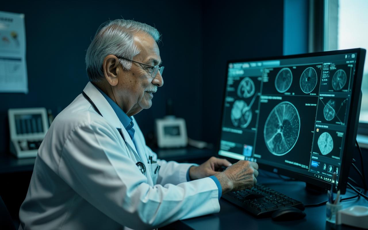 An eye doctor studying retina scans on screen