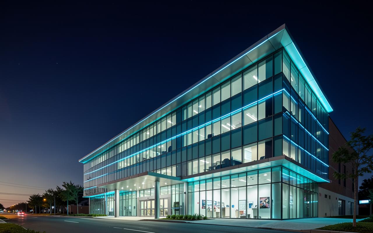 A modern eye hospital building at dusk