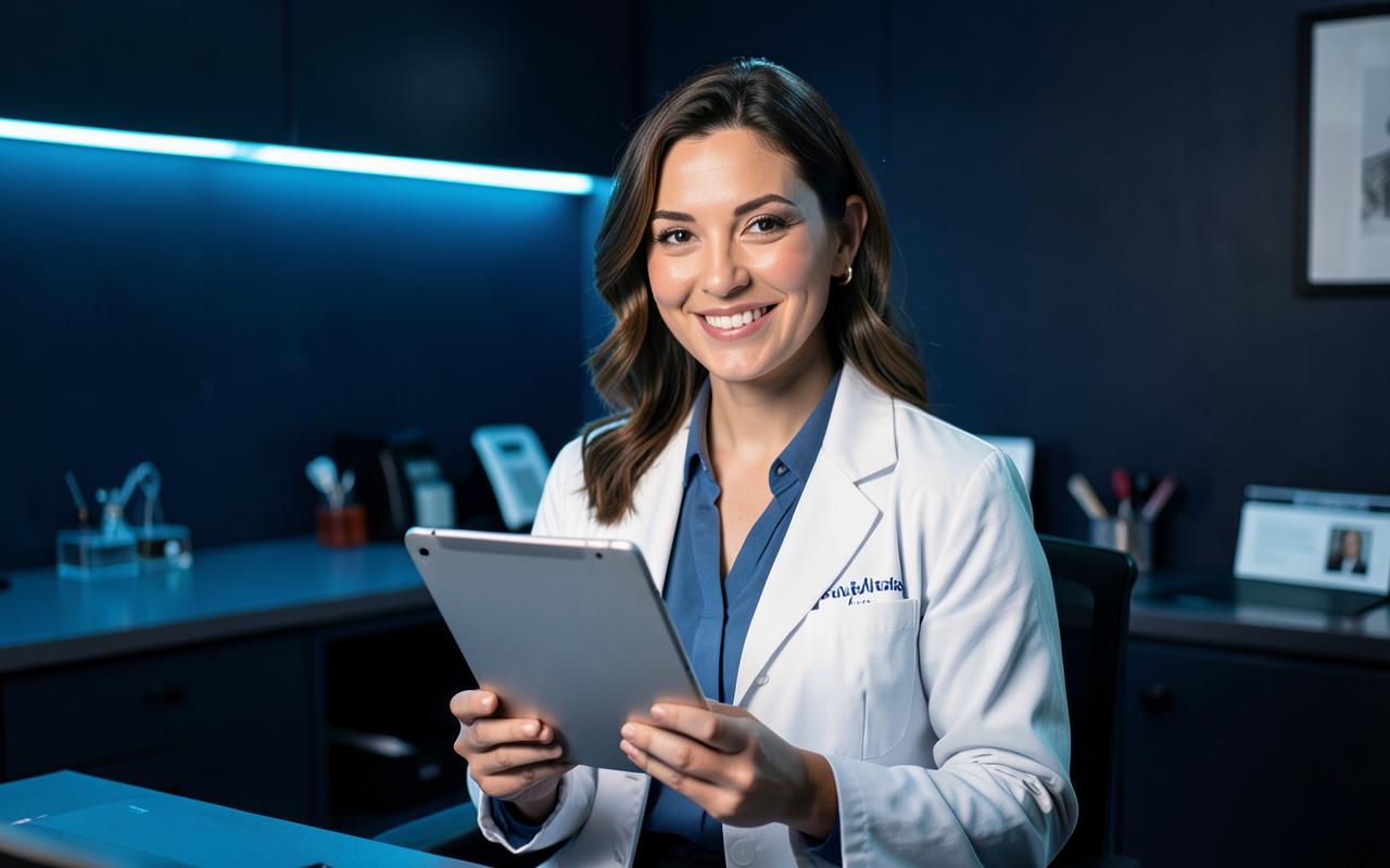 An eye doctor holding a tablet in a clinic